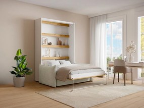 Łóżko chowane w szafie 140 x 200 cm - Otwierane pionowo ręcznie - Z oświetleniem LED - Białe i naturalne + Kanapa - RAPILI