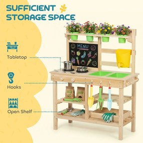 AIYAPLAY Kuchnia błotna dla dzieci na zewnątrz, drewniana kuchnia zabawkowa ze zlewem, kuchenką, doniczkami, tablicą dla 3-6 lat 77x32x95 cm drewno naturalne | Aosom PL