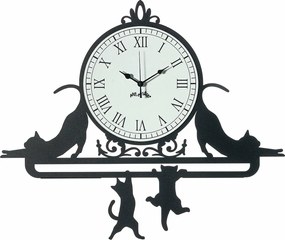 Zegar ścienny Cattitude 62x52 cm z żelaza, dekoracyjne koty, biała tarcza z cyframi rzymskimi, made in Italy