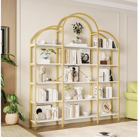 Półka metalowa - 170 x 25 x 190 cm - 5 warstw przestrzeni do przechowywania - MDF + Metal - Złoty + Biały