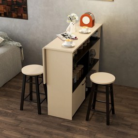 HOMCOM 3-cz. Zestaw Barowy, Bartisch ze Składanym Blatem, 2 Stołki Barowe, 6 Schowków, Czarny+Dąb, 116 x 70 x 89,5 cm