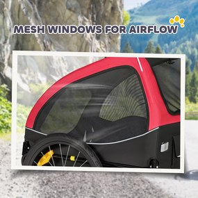 PawHut Przyczepka rowerowa składana z odblaskami oknami z siatki kołami drzwiami i chorągiewką, do 20 kg, 138x70x89 cm, czerwona | Aosom PL