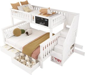 Łóżko piętrowe z litego drewna z szufladami i schodami do przechowywania - 90x200cm + 140x200cm - Białe i naturalne