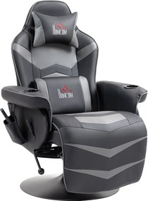 HOMCOM Fotel do gier z funkcją masażu, regulowane oparcie, podnóżek, do 120 kg, konstrukcja stalowa, Skóra Ekologiczna, Szary