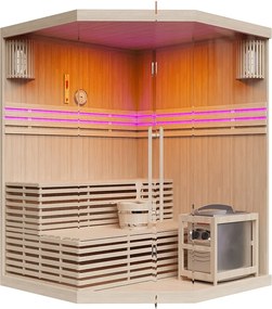 Narożna szklana sauna fińska przeszklona z oświetleniem i piecem 6KW - 3/4 osoby - S150 x G150 x W200 - KALSOY