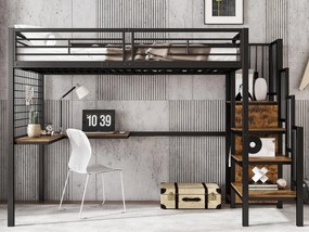 Łóżko mezzanine 90 x 200 cm - z biurkiem - z otwartą szafą - drabinka bezpieczeństwa 4 stopnie - metal + płyty wiórowe - czarne (bez materaca)