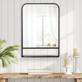 HOMCOM Lustro Ścienne z Półką 70x50 Metal Czarny Srebrne Zaokrąglone Krawędzie Stylowe | Aosom PL