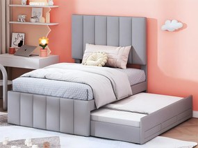 Łóżko tapicerowane lniane 90x200cm - z łóżkiem wysuwanym na kółkach i 3 szufladami - Szare