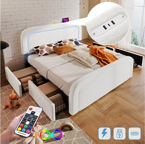 Łóżko tapicerowane dwuosobowe - 160 x 200 cm - z USB + LED + 4 szuflady + regulowany zagłówek - Sherp - białe