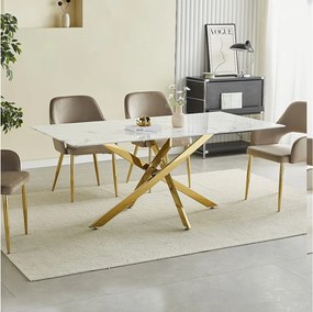 Prostokątny stół jadalniany z hartowanego szkła – Efekt białego marmuru i złoty metal – dla 8 osób – CHIARA