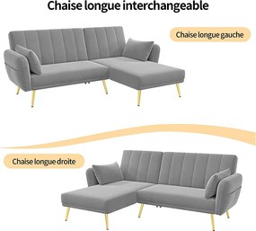 Sofa 3-osobowa rozkładana - 191,5 x 130 x 80 cm - narożnik z funkcją spania - welur - szary