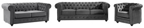 Kanapy 3-osobowa i 2-osobowa oraz fotel z antracytowego weluru CHESTERFIELD