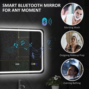 HOMCOM Lustro łazienkowe z oświetleniem LED, funkcją przeciwmgielną, 3 regulowanymi kolorami światła, zegarem, 700 x 900 mm, Srebrne