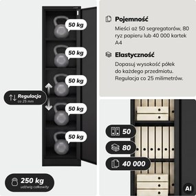 Szafa na akta kartotekowa na klucz czarna, 450x1850x600 mm: ALEX D600