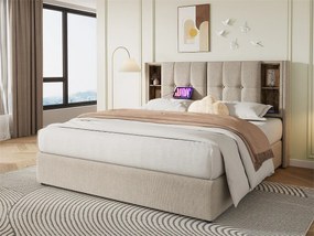 Łóżko z tapicerowanym stelażem 180x200 cm - z ładowaniem bezprzewodowym i schowkiem - tkanina lniana - Beżowy