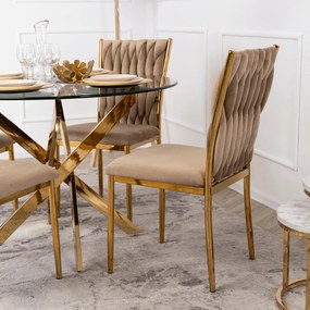 Zestaw Stół Okrągły SALLO 100 cm i 4 Krzesła Tapicerowane Plecione DAN Beżowe Glamour