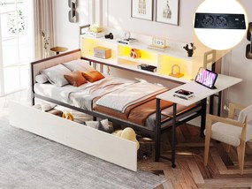 Sofa rozkładana 90x200 cm - z oświetleniem LED - z 2 szufladami - gniazdko elektryczne - składane biurko - biały (materac nie jest w zestawie)