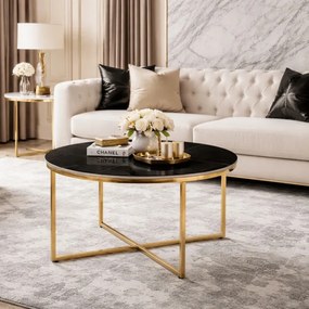Stolik Kawowy Ceramiczny MARINE 80 cm Czarny Marmur Mat/Złoty Nowoczesny Glamour