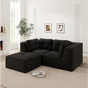 Canapé d'angle modulable, avec pouf et coussins, en velours côtelé, Noir, 208x177x69cm