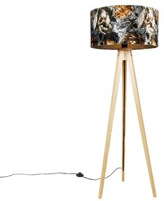Lampa podłogowa na trójnogu naturalna z abażurem kwiatowym 50 cm - Tripod Classic Oswietlenie wewnetrzne