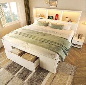 Łóżko pojedyncze drewniane z pojemnikiem - 140 x 190 cm - z wyjmowaną szafką nocną + diody LED + USB + szuflady + półki - białe