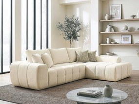 Narożnik prawostronny 4-osobowy "Sidonie" beżowy z tkaniny poliestrowej, styl bubble, wypełnienie piankowe, szybki montaż