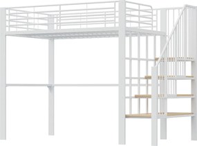 Łóżko piętrowe metalowe - 140 x 200 cm - z drabinką - metal + drewno - białe