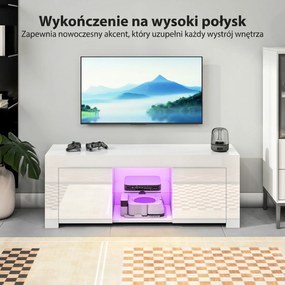 HOMCOM Stolik RTV z LED biała szafka pod telewizor do salonu z półką szklaną i otworami na kable | Aosom PL
