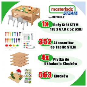Masterkidz drewniany stół edukacyjny + akcesoria stem wall + 563 klocków