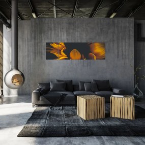 Obraz - Słoneczniki na czarnym tle (170x50 cm)