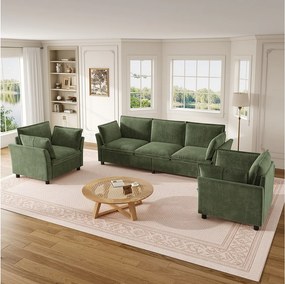 Modułowy zestaw wypoczynkowy 3-osobowy + 2 fotele z poduszkami - Chenille - 220 x 87 x 81 cm - Zielony