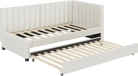 Łóżko pojedyncze 90x200 cm z łóżkiem wysuwanym - tapicerowane welurem z stelażem na listwach - Beżowe