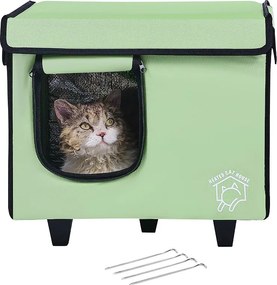 Domek dla Kota, SucceBuy Podniesiony i Ogrzewany Domek dla Kota, Mały, Zielony, z Matą Grzewczą
