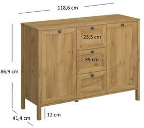 Komoda Dwudrzwiowa z Szufladami Drewniana do Salonu DALE 118 cm Dąb craft złoty Klasyczna
