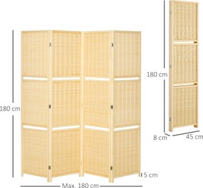 HOMCOM Parawan, przegroda z bambusa, 2 półki, składana, podkładki na nóżki, naturalny