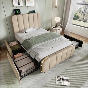 Podwójne łóżko 90x200cm w beżowym lnie, z 4 szufladami + USB i Typ C, max. obciążenie 100 kg (bez materaca)