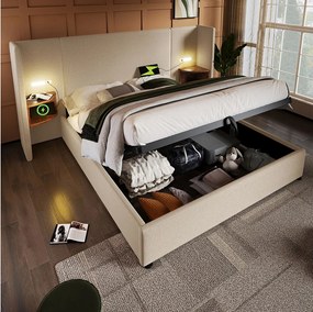 Łóżko z pojemnikiem 180x200 cm - z zagłówkiem, schowkiem, USB/Typ-C, na stelażu - len - beżowy - bez materaca