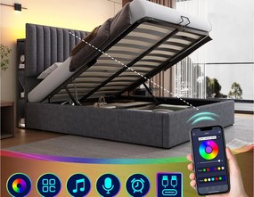 Łóżko dla dorosłych ze schowkiem 160 x 200 cm z regulowanym zagłówkiem - USB + Typ C + LED - tkanina lniana - szare