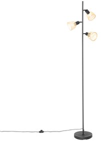 Orientalna lampa podłogowa czarna z bambusowym 3-światłem - RayanKolonialny Oswietlenie wewnetrzne