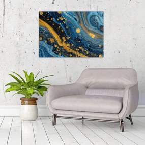 Obraz na szkle - Niebieska abstrakcja ze złotem (70x50 cm)