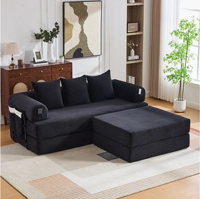 Sofa modułowa 3-osobowa - 200 x 190 x 67 cm - z 3 poduszkami + kieszeń boczna - sztruks - czarny