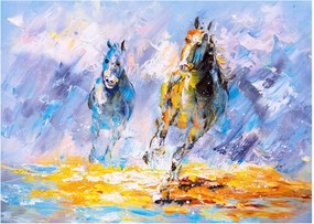 Obraz na szkle biegnących koni, obraz olejny (70x50 cm)