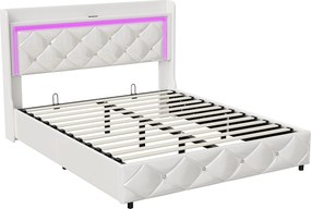 Łóżko tapicerowane 140x200 cm z USB, łóżko podwójne, łóżko z pojemnikiem i oświetleniem LED, skóra ekologiczna, rama łóżka, białe