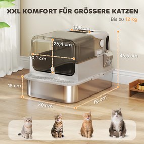 PawHut XXL Toaleta dla kotów ze stali nierdzewnej z klapą, kuweta z łopatką, dla dużych kotów do 20 kg, łatwa do czyszczenia, neutralizująca zapachy, Szara