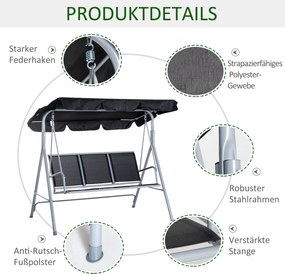 Outsunny Huśtawka Ogrodowa z Daszkiem 3 Osobowa Metalowa Czarno Srebrna Ławka Bujana z Ochroną Przed Słońcem 171x108x154cm | Aosom PL