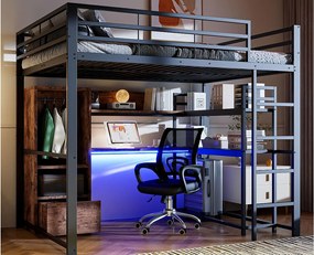 Łóżko na antresoli 140x200 cm – z oświetleniem LED – z biurkiem – z 1 szufladą – ze schodami – czarne