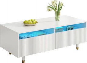 Nowoczesny stolik kawowy - 110 x 50 x 40 cm - z 2 szufladami + diody LED - MDF - biały