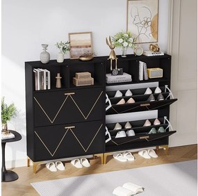 Szafka na buty z 4 dolnymi drzwiami składanymi + 4 półkami półotwartymi - 2 x 80 x 25 x 117 cm - MDF - czarna