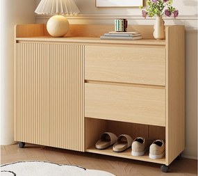 Mobilna szafa na buty 110×35×86 cm - z kółkami obrotowymi - 2 drzwi i 2 szuflady - regulowane półki - MDF - naturalny
