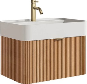 Wisząca szafka łazienkowa z prążkowanego drewna jesionowego z umywalką podblatową do zabudowy i baterią - Jasny naturalny - 60 cm - BULMAS